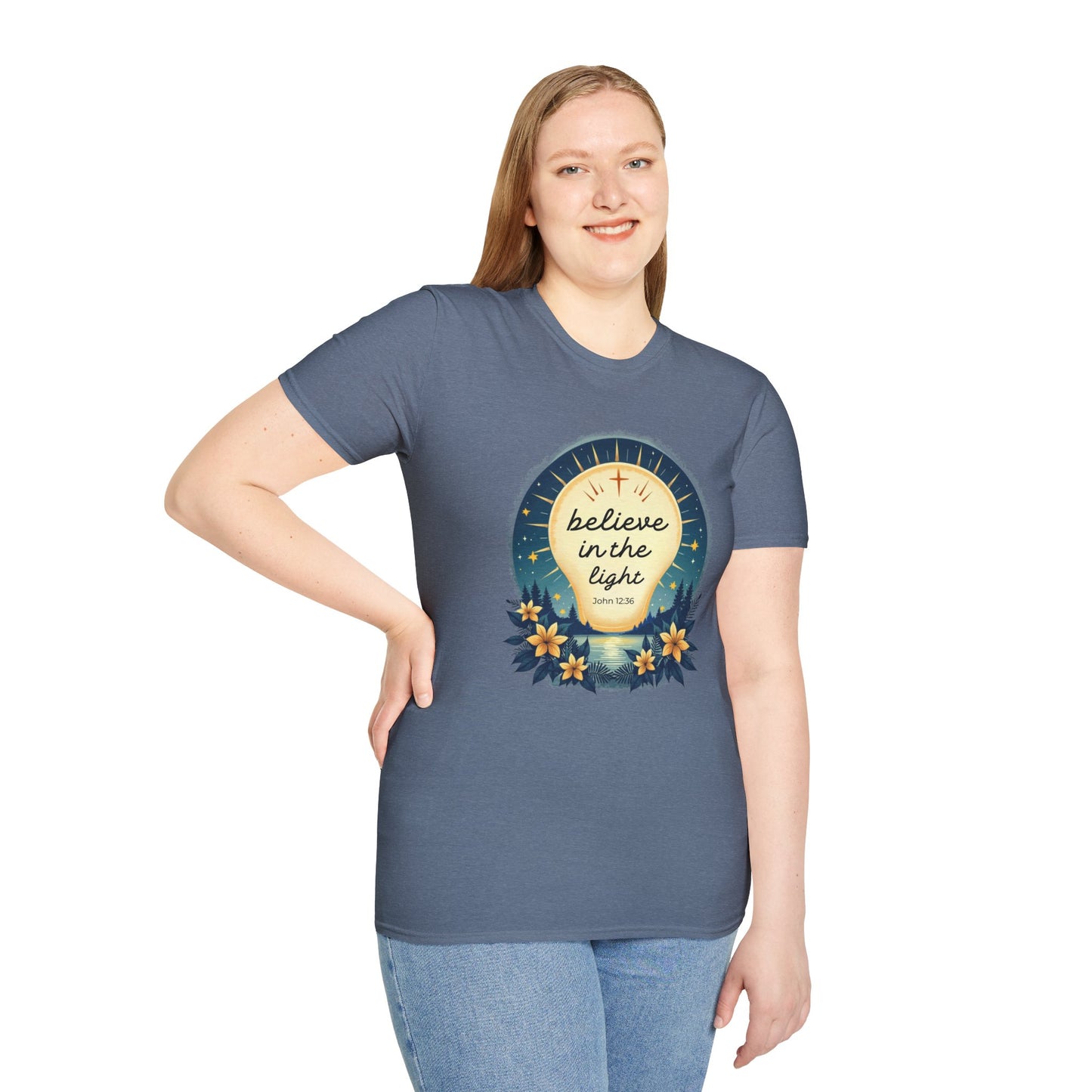 Believe in the Light T-Shirt | John 12:36 Christian Bible Verse Tee, Unisex Softstyle T-Shirt - Inspirational Graphic Tee, Faith Tee, Scripture Tee - Heavenly Treasures