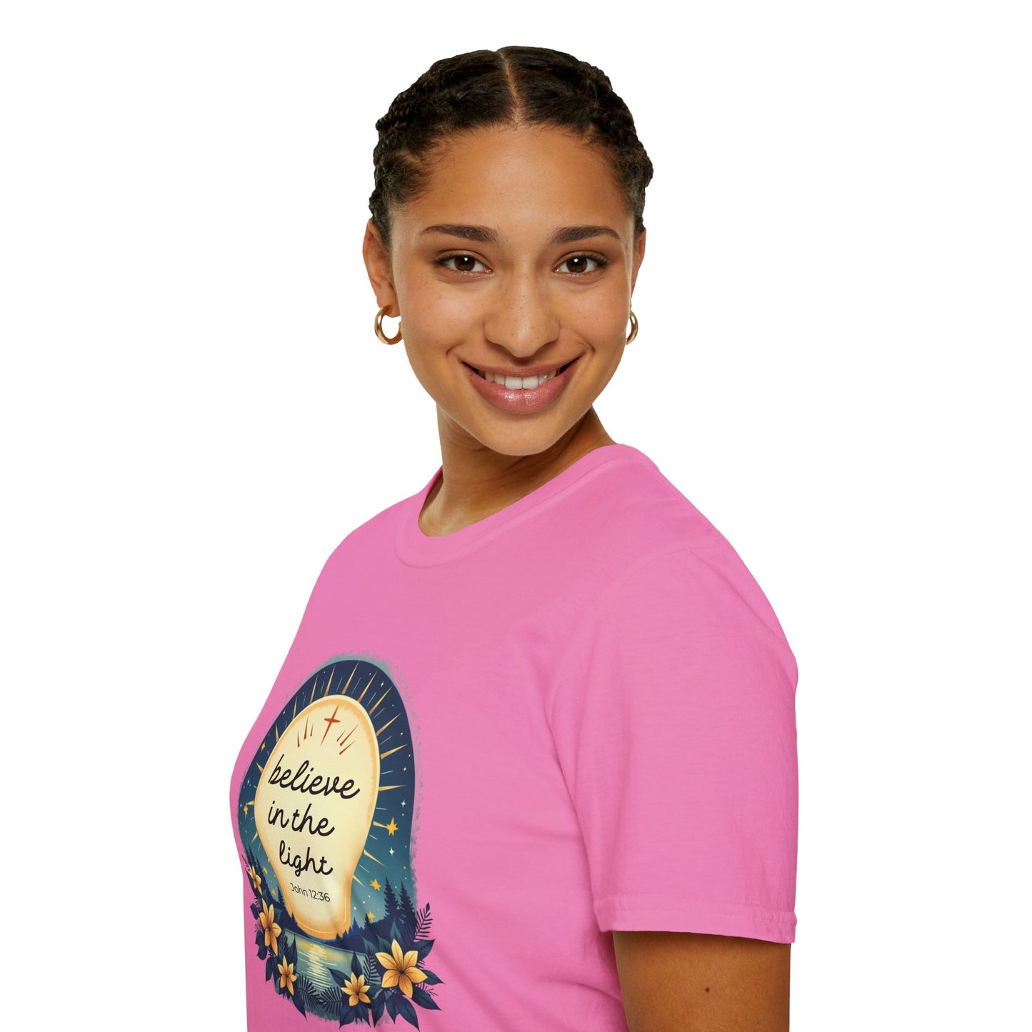 Believe in the Light T-Shirt | John 12:36 Christian Bible Verse Tee, Unisex Softstyle T-Shirt - Inspirational Graphic Tee, Faith Tee, Scripture Tee - Heavenly Treasures