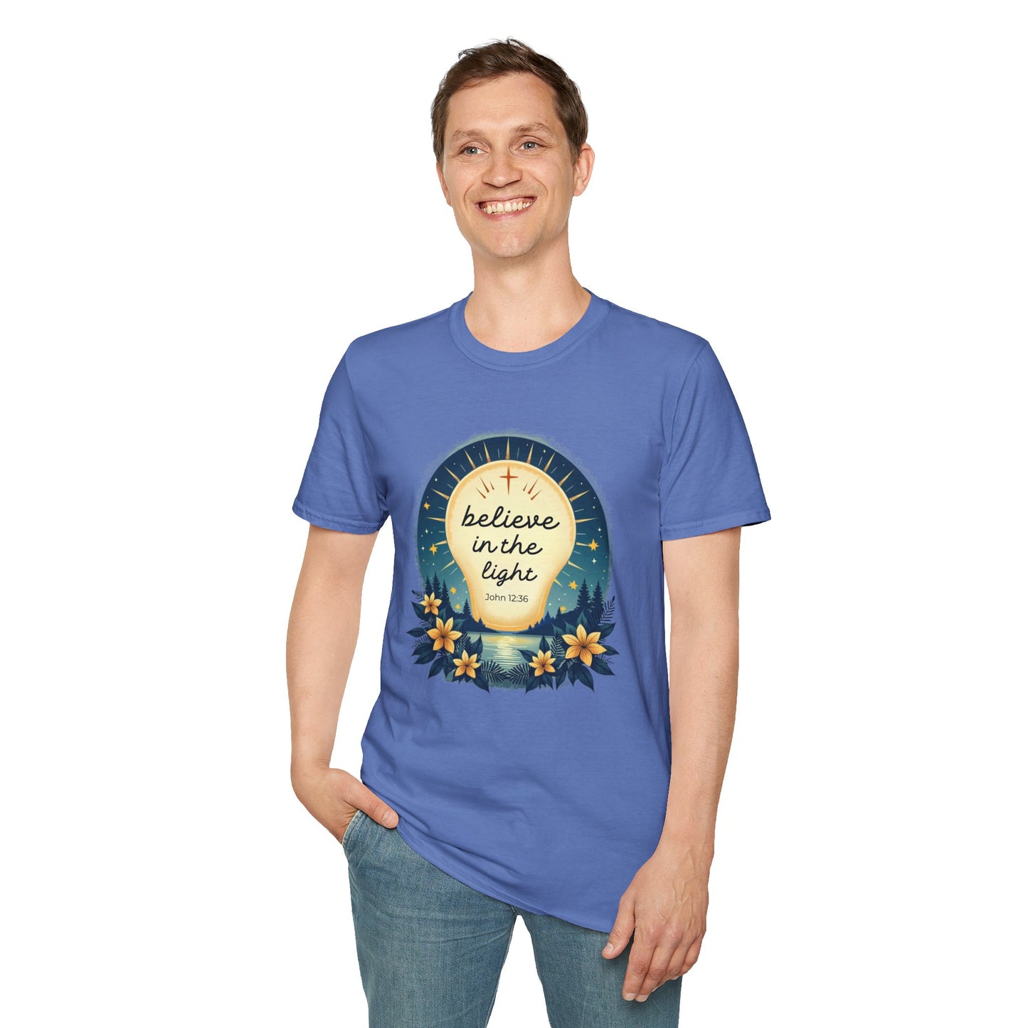 Believe in the Light T-Shirt | John 12:36 Christian Bible Verse Tee, Unisex Softstyle T-Shirt - Inspirational Graphic Tee, Faith Tee, Scripture Tee - Heavenly Treasures