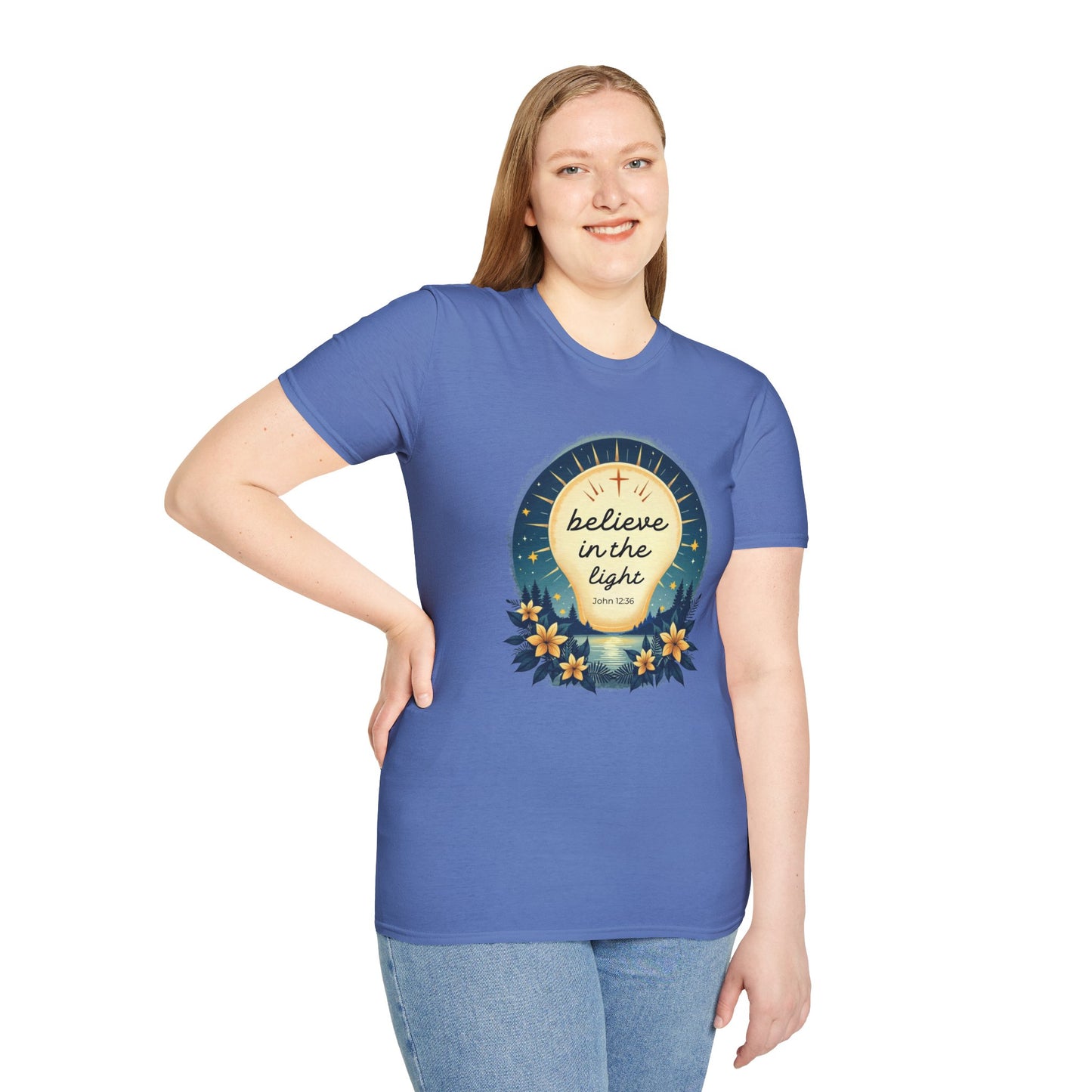 Believe in the Light T-Shirt | John 12:36 Christian Bible Verse Tee, Unisex Softstyle T-Shirt - Inspirational Graphic Tee, Faith Tee, Scripture Tee - Heavenly Treasures