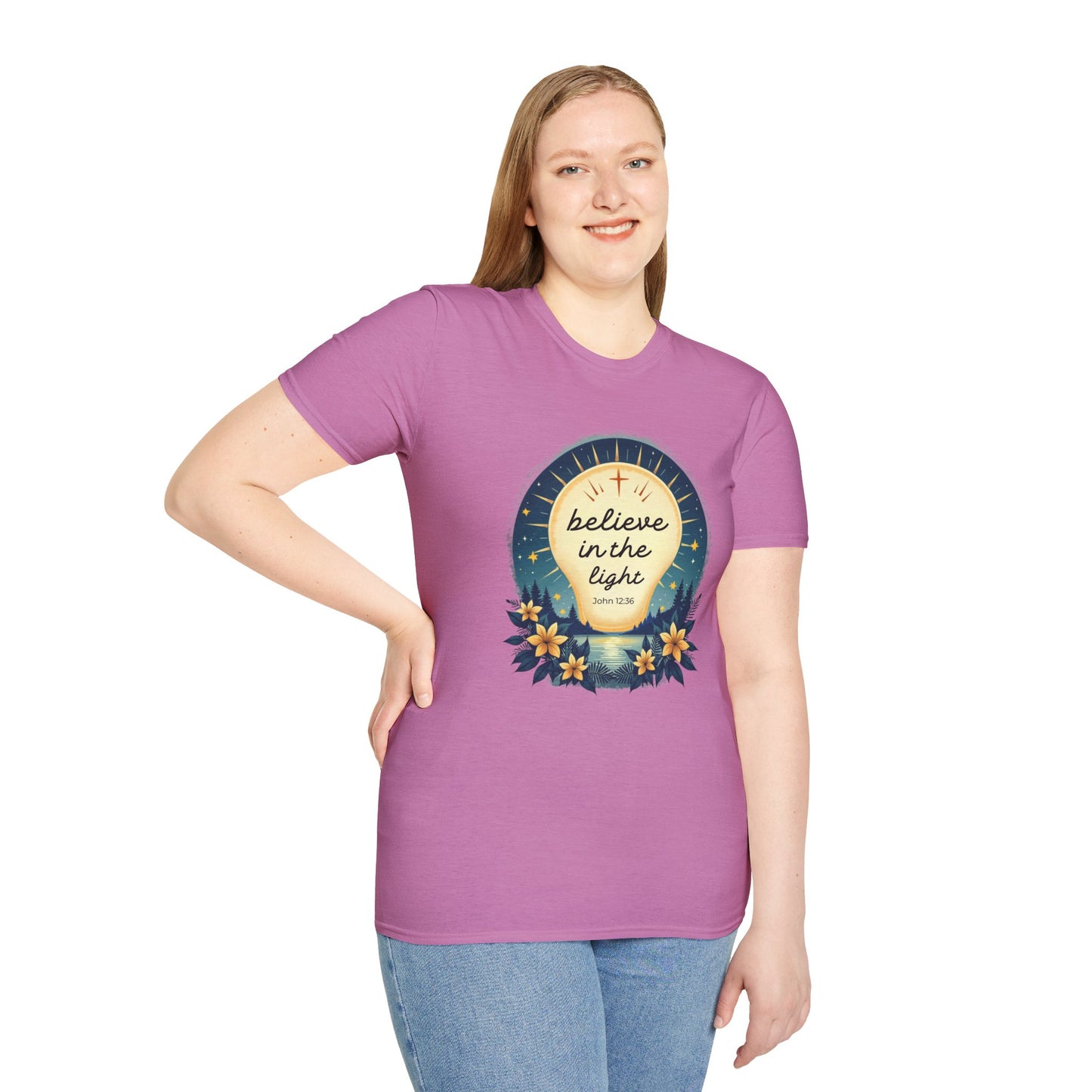 Believe in the Light T-Shirt | John 12:36 Christian Bible Verse Tee, Unisex Softstyle T-Shirt - Inspirational Graphic Tee, Faith Tee, Scripture Tee - Heavenly Treasures