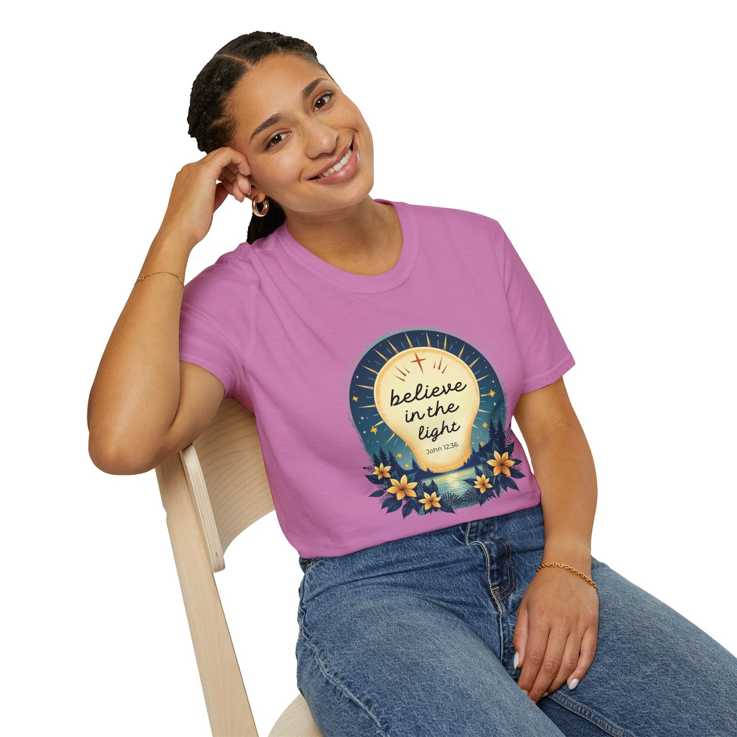 Believe in the Light T-Shirt | John 12:36 Christian Bible Verse Tee, Unisex Softstyle T-Shirt - Inspirational Graphic Tee, Faith Tee, Scripture Tee - Heavenly Treasures