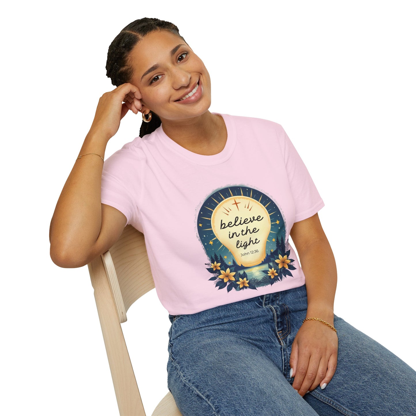 Believe in the Light T-Shirt | John 12:36 Christian Bible Verse Tee, Unisex Softstyle T-Shirt - Inspirational Graphic Tee, Faith Tee, Scripture Tee - Heavenly Treasures