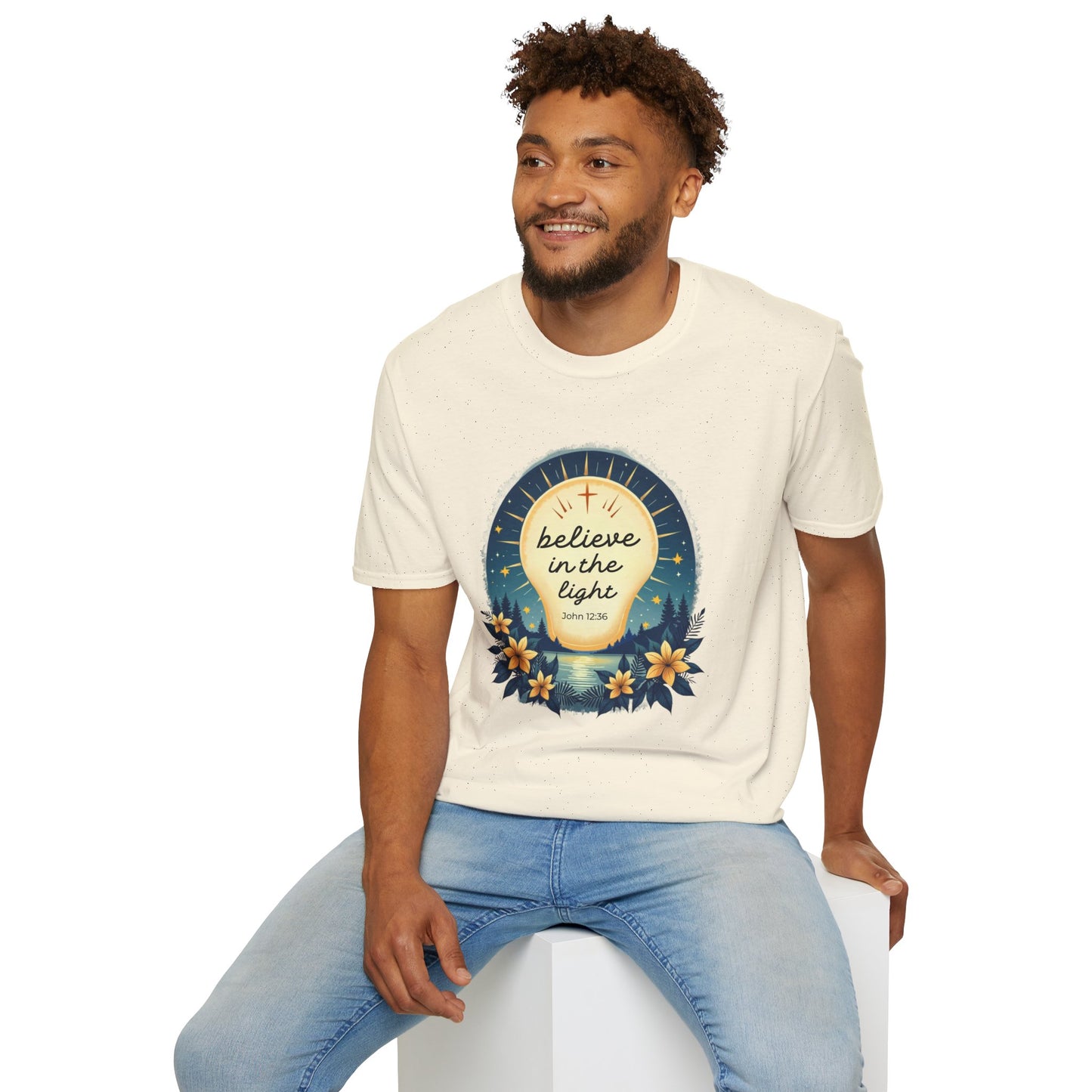 Believe in the Light T-Shirt | John 12:36 Christian Bible Verse Tee, Unisex Softstyle T-Shirt - Inspirational Graphic Tee, Faith Tee, Scripture Tee - Heavenly Treasures