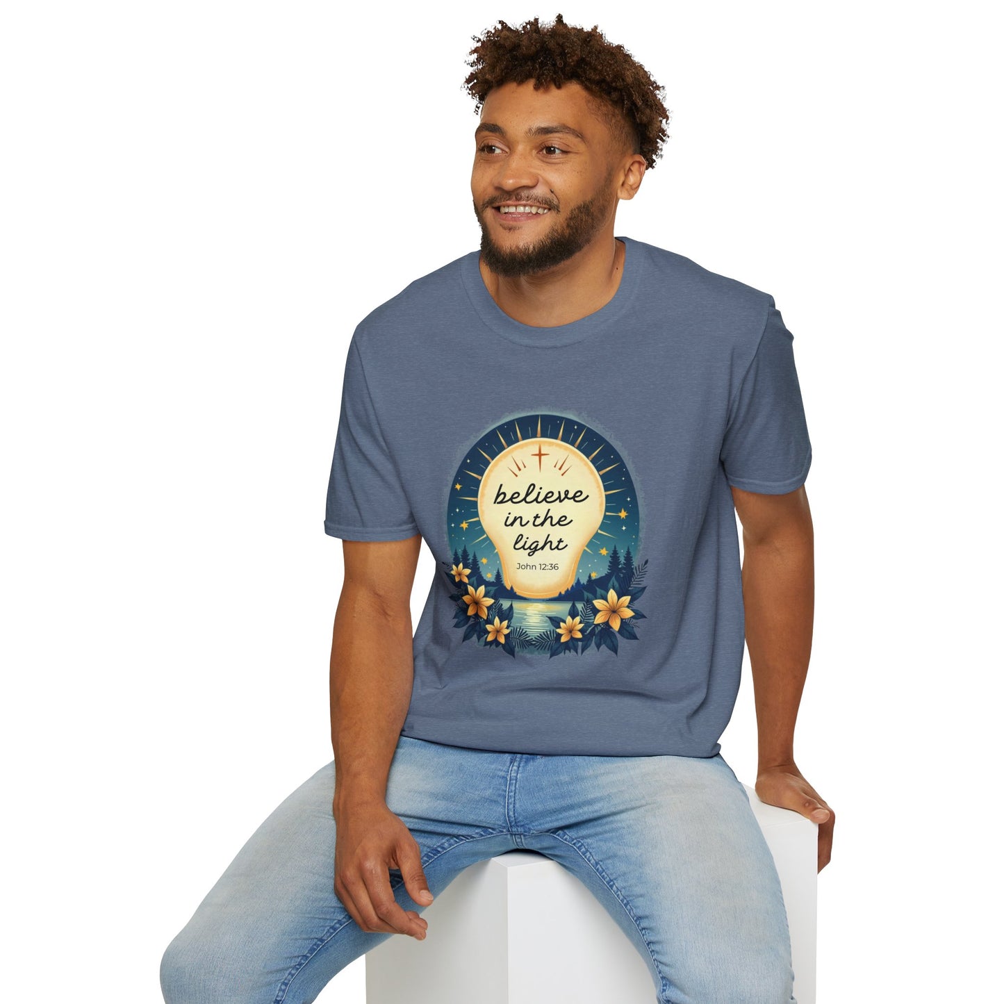 Believe in the Light T-Shirt | John 12:36 Christian Bible Verse Tee, Unisex Softstyle T-Shirt - Inspirational Graphic Tee, Faith Tee, Scripture Tee - Heavenly Treasures