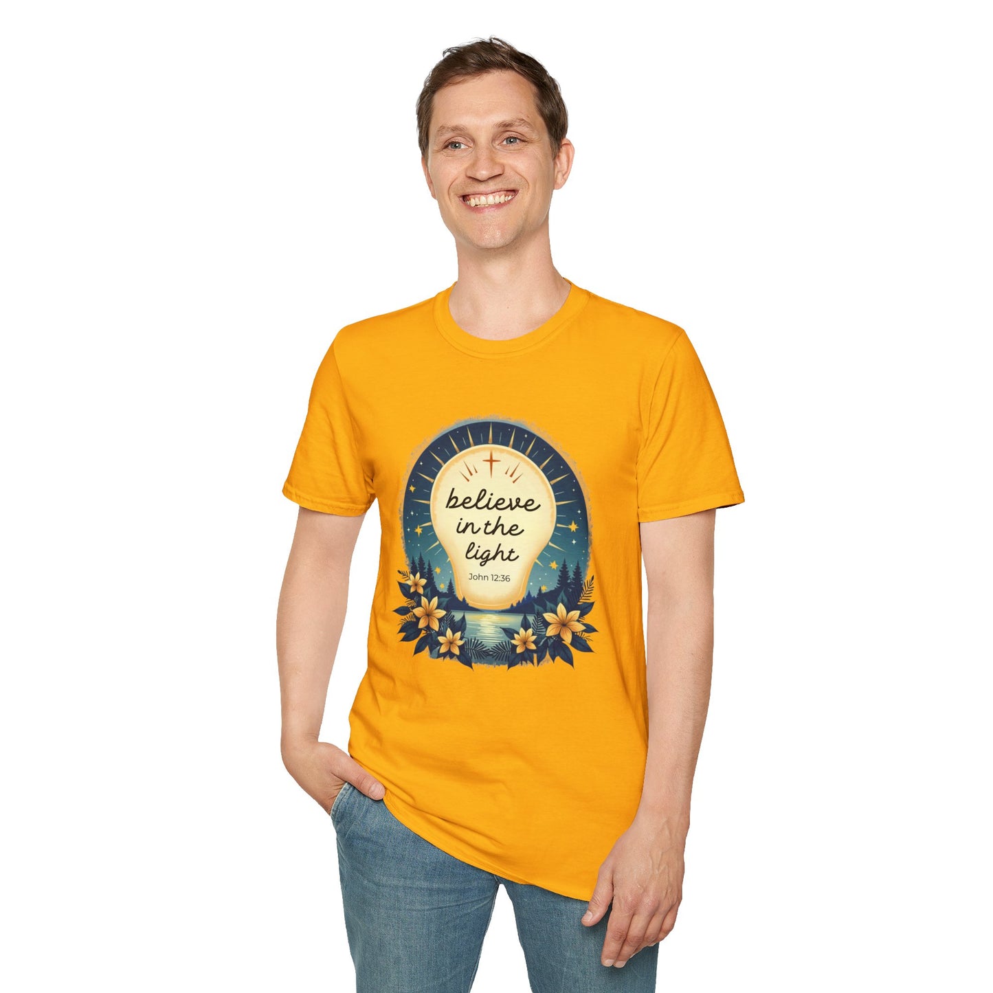 Believe in the Light T-Shirt | John 12:36 Christian Bible Verse Tee, Unisex Softstyle T-Shirt - Inspirational Graphic Tee, Faith Tee, Scripture Tee - Heavenly Treasures