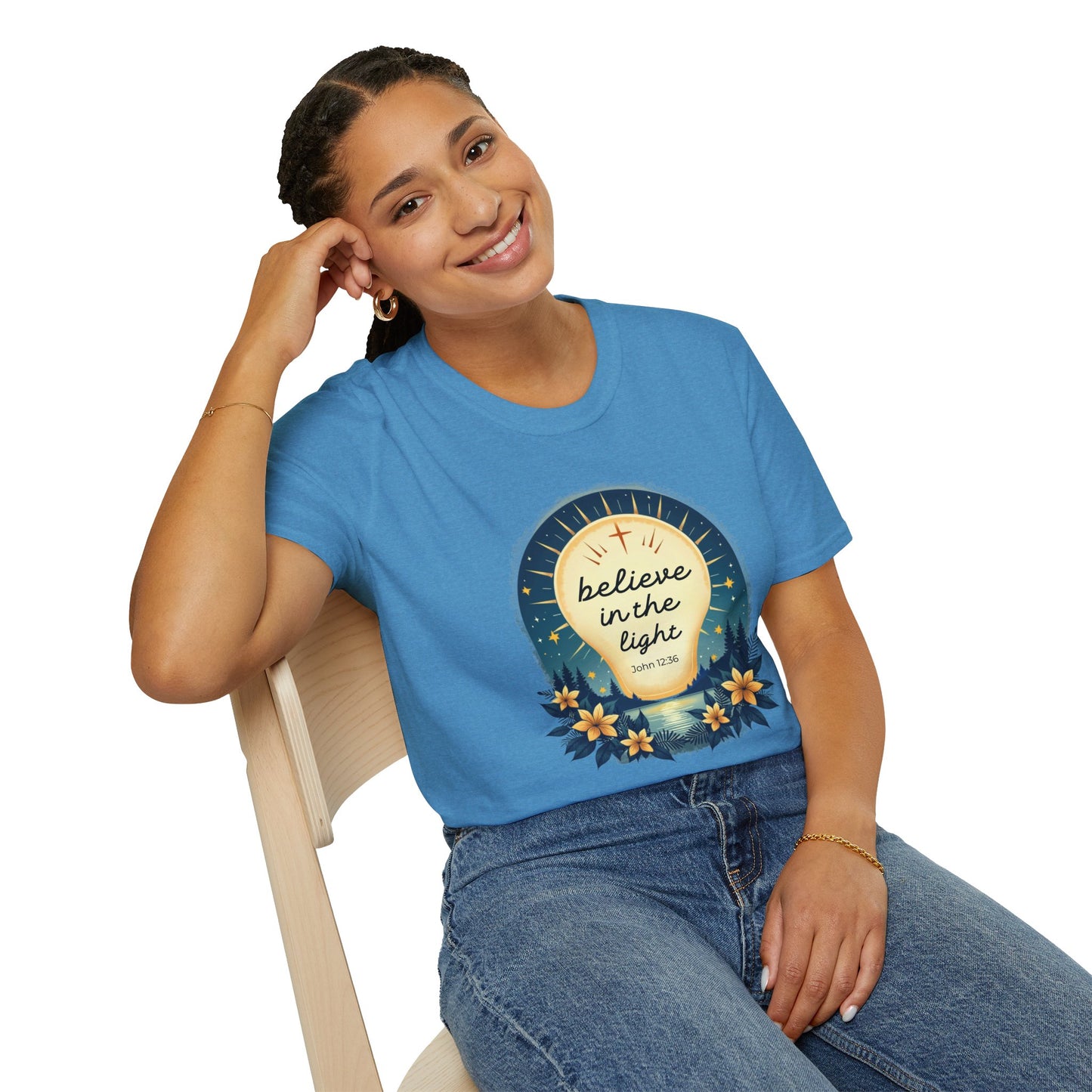 Believe in the Light T-Shirt | John 12:36 Christian Bible Verse Tee, Unisex Softstyle T-Shirt - Inspirational Graphic Tee, Faith Tee, Scripture Tee - Heavenly Treasures