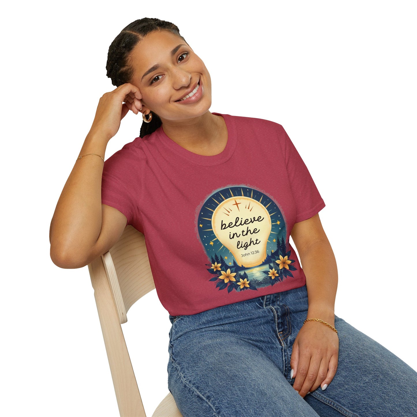 Believe in the Light T-Shirt | John 12:36 Christian Bible Verse Tee, Unisex Softstyle T-Shirt - Inspirational Graphic Tee, Faith Tee, Scripture Tee - Heavenly Treasures
