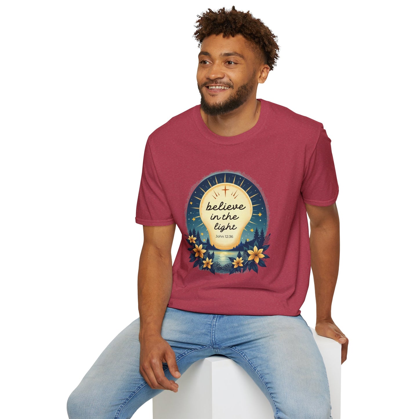 Believe in the Light T-Shirt | John 12:36 Christian Bible Verse Tee, Unisex Softstyle T-Shirt - Inspirational Graphic Tee, Faith Tee, Scripture Tee - Heavenly Treasures