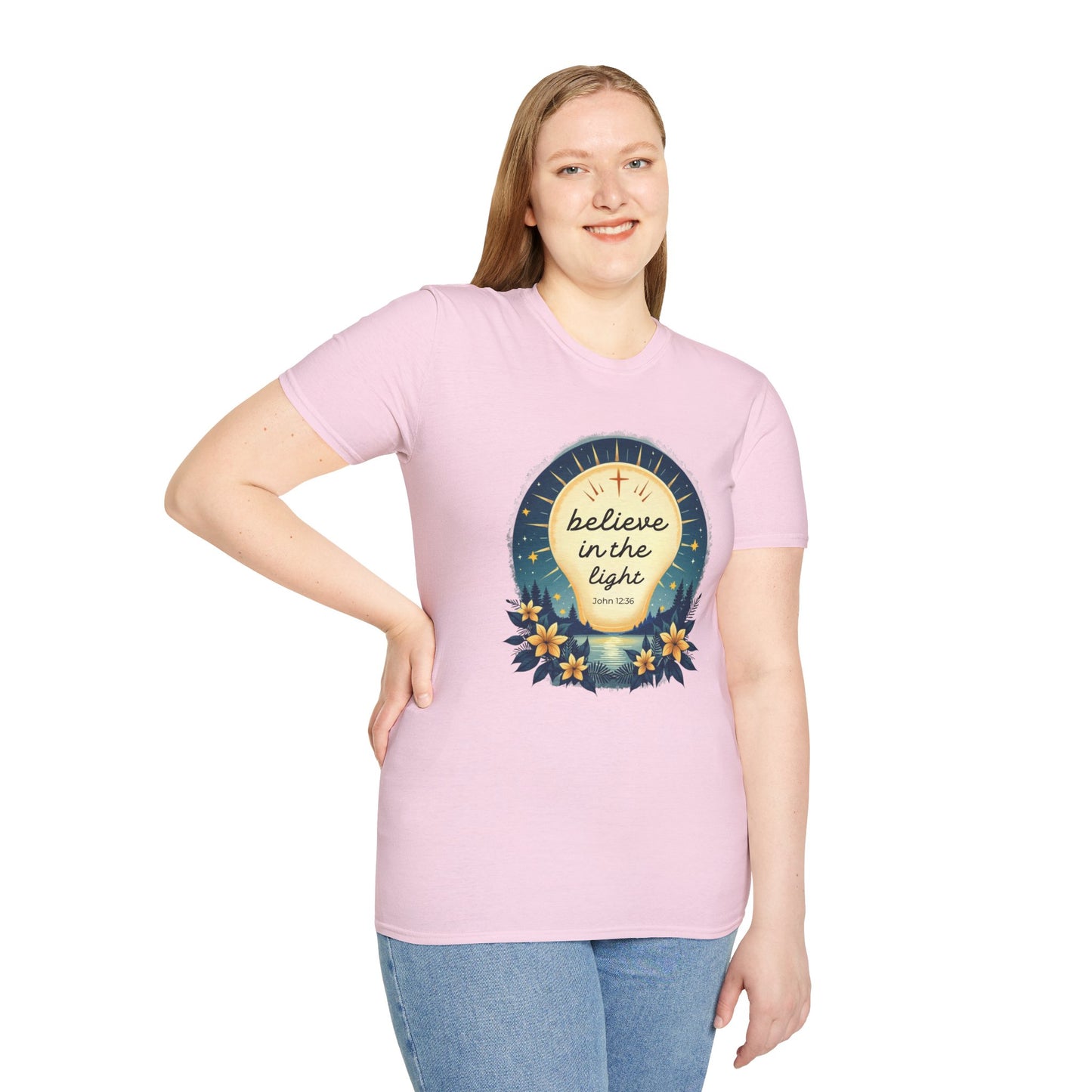 Believe in the Light T-Shirt | John 12:36 Christian Bible Verse Tee, Unisex Softstyle T-Shirt - Inspirational Graphic Tee, Faith Tee, Scripture Tee - Heavenly Treasures