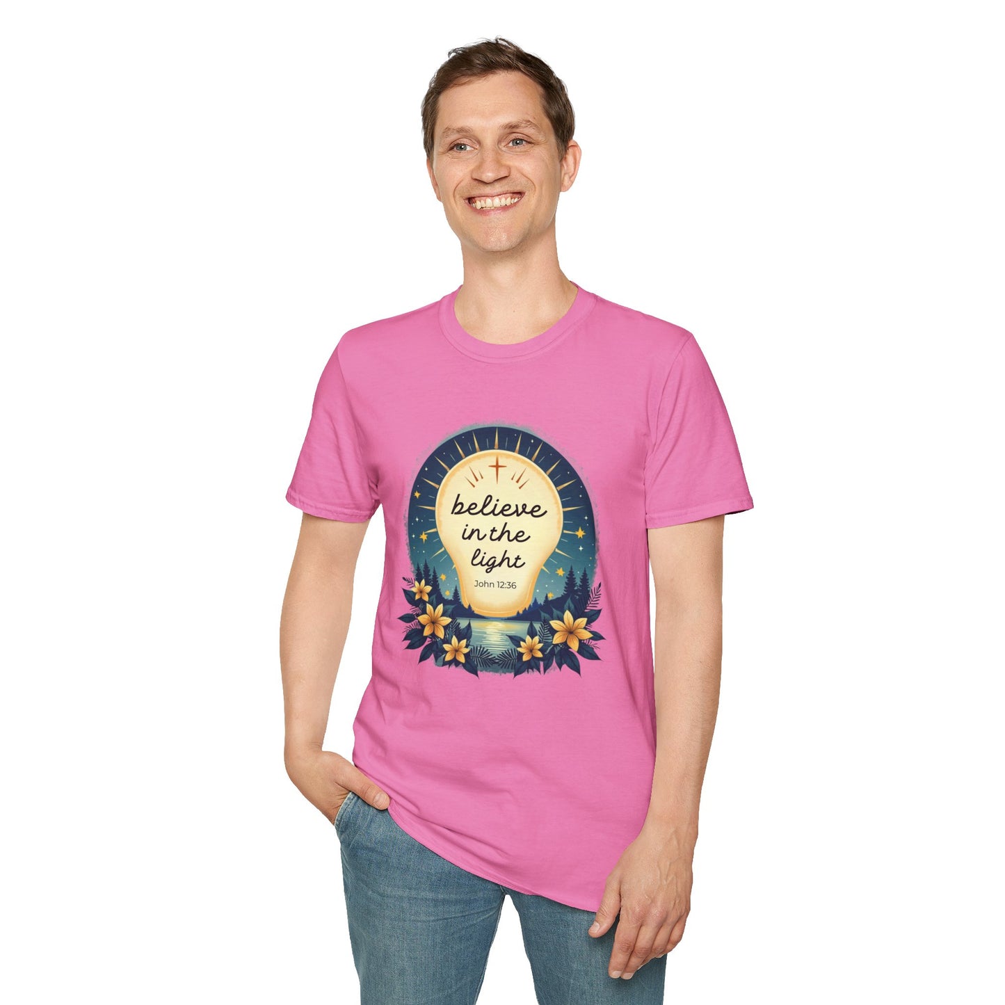 Believe in the Light T-Shirt | John 12:36 Christian Bible Verse Tee, Unisex Softstyle T-Shirt - Inspirational Graphic Tee, Faith Tee, Scripture Tee - Heavenly Treasures