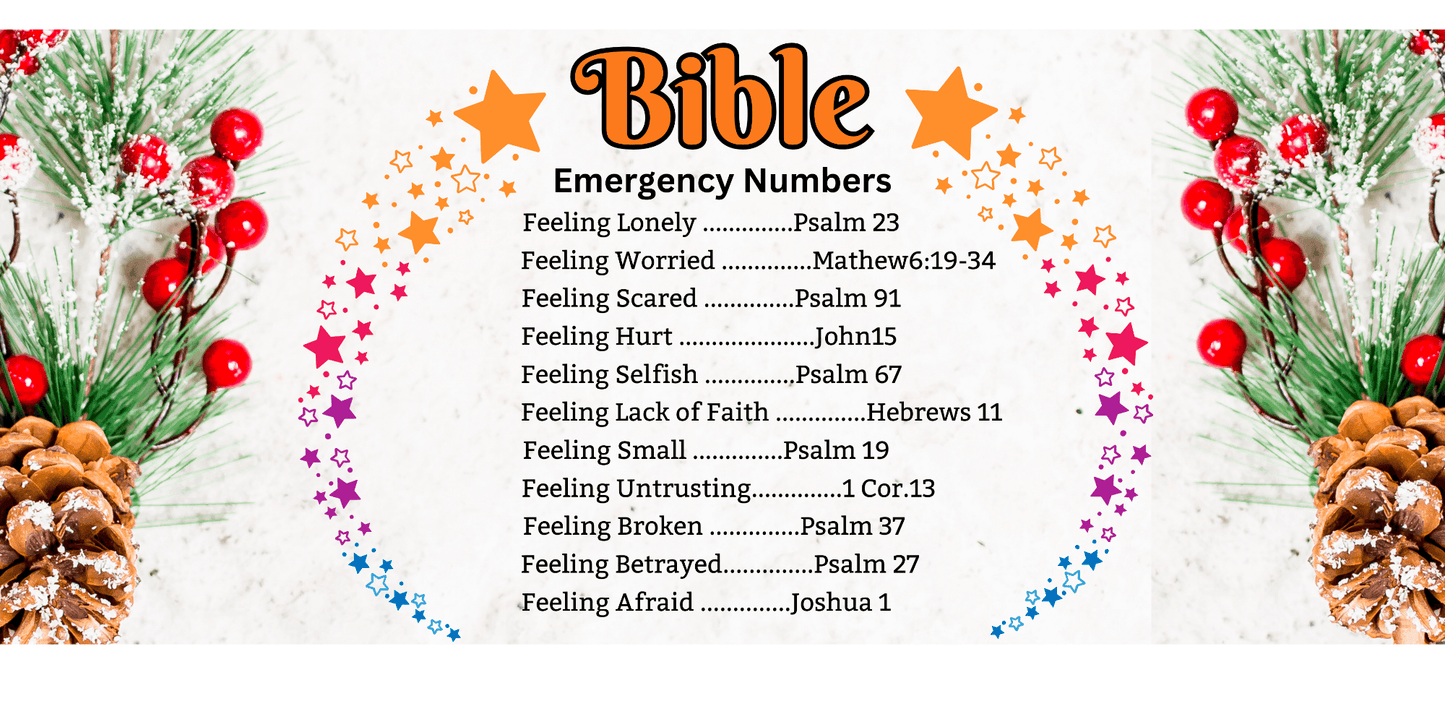Close-up of Bible 911 Verses Mug design, featuring scripture references surrounded by colorful stars and holiday-themed decorations.