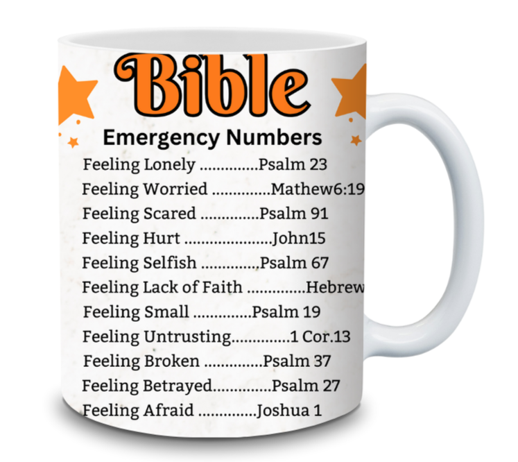 Faith-inspired coffee mug featuring Bible emergency numbers with verses for various emotions, adorned with festive pinecones and berries.