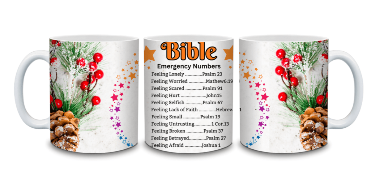 Faith-inspired coffee mug featuring Bible emergency numbers with verses for various emotions, adorned with festive pinecones and berries.