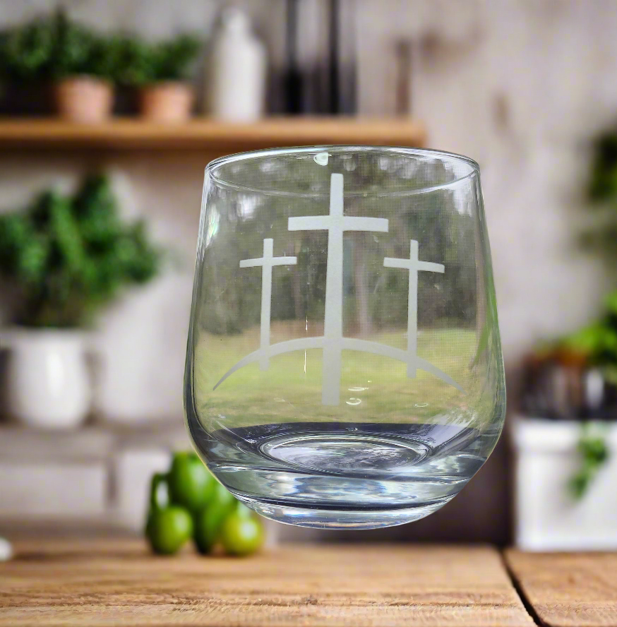 "Calvary Mountain Stemless Wine Glasses – Grace in Every Sip" - Heavenly Treasures