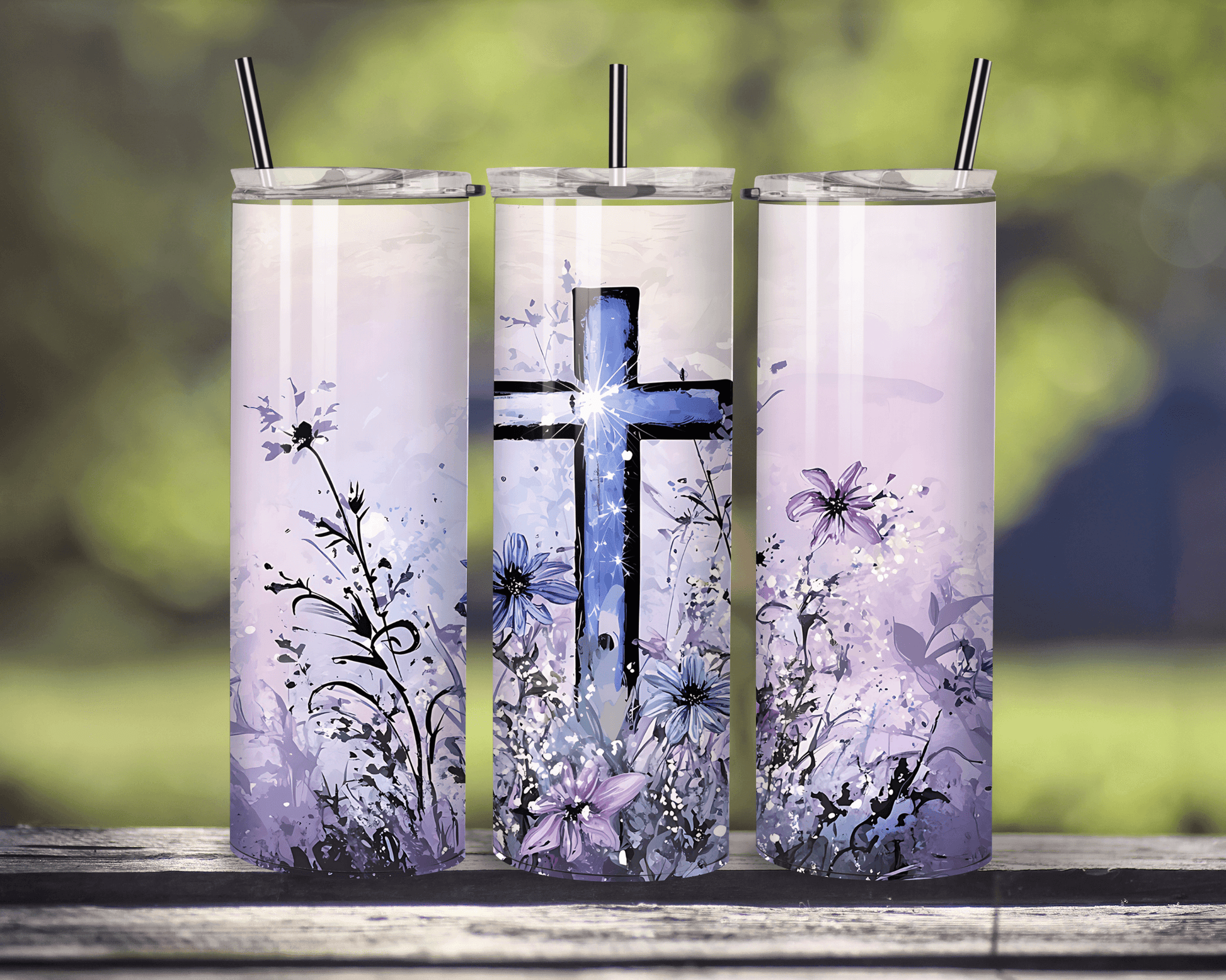 Blooming Grace: Lavender Wildflower Cross Tumbler featuring a serene lavender and wildflower design with a radiant cross centerpiece. Perfect faith-inspired drinkware for home and garden.