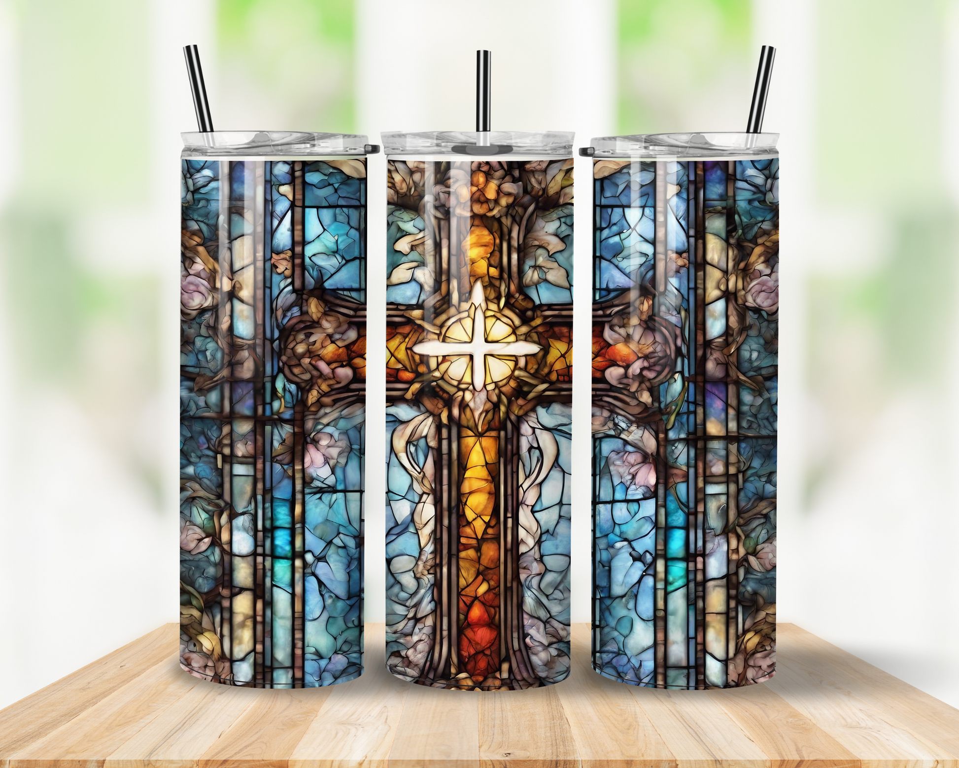 Stained glass cross tumbler with vibrant blue and gold design, featuring a faith-inspired pattern. Keeps drinks hot or cold, perfect for daily use.