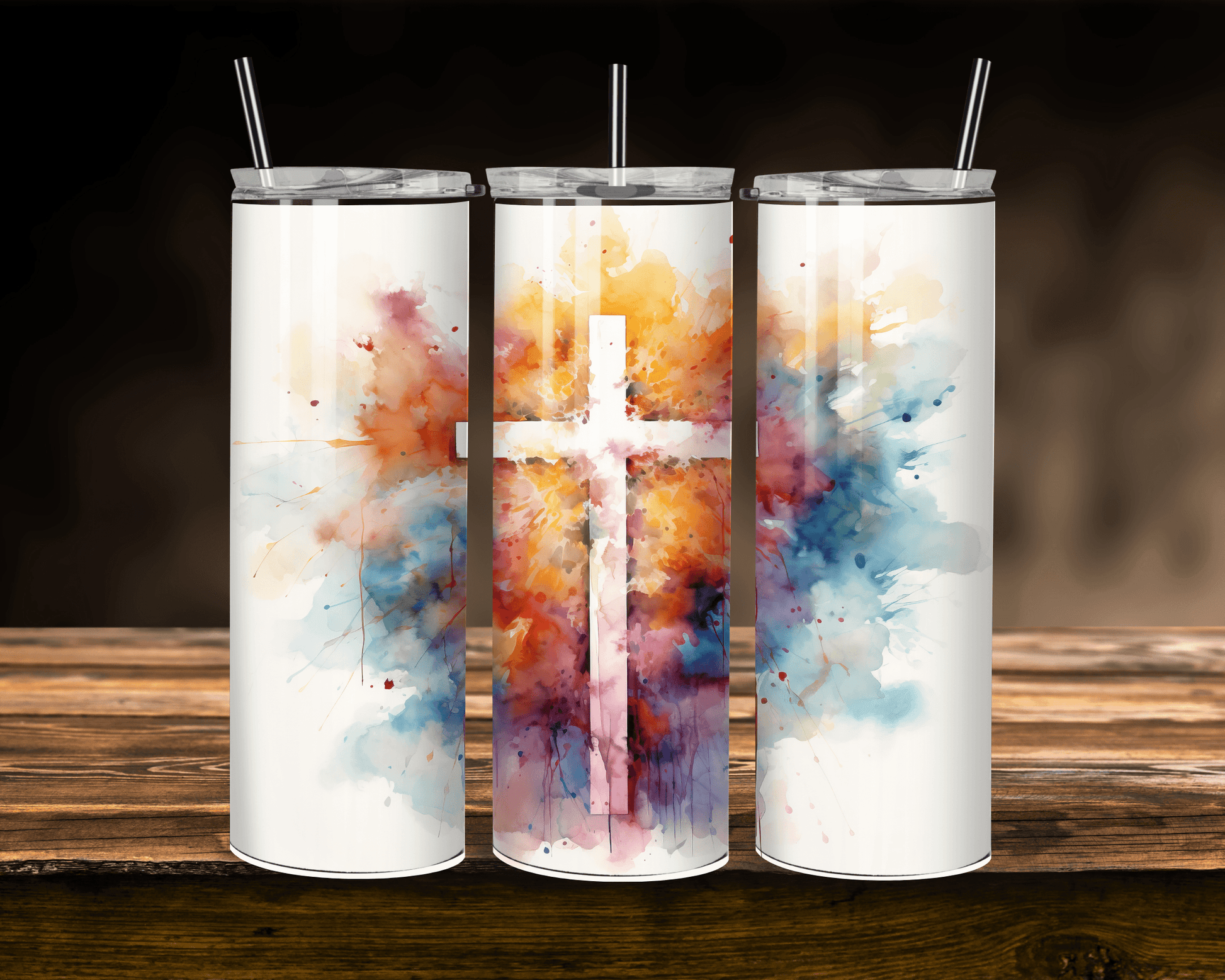 Radiant Faith: Watercolor Cross Tumbler featuring vibrant watercolor splashes and a white cross design. Perfect faith-inspired drinkware for daily use.